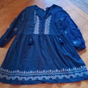 KNOX ROSE blue embroidered granola indie blouse/dress XL with v neck tassel ties